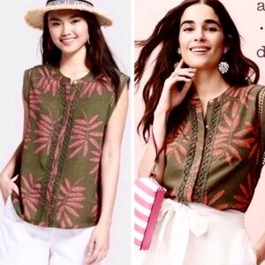 A New Day Army Green Sleeveless Palm Botanical Tropical Tank Top Blouse Size XXL